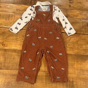 Little Boy’s Brown Corduroy Overalls with Tractor Print
